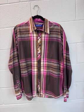 Georg Roth Los Angeles Plaid Button Down Shirt Pink Brown L/S Contrast Trim